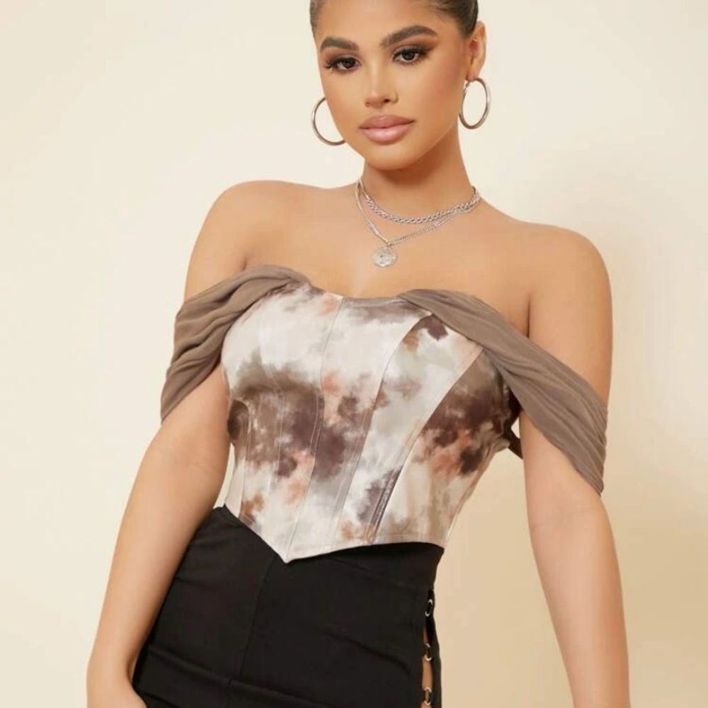 Off shoulder seam front tie dye PU leather top from SHEIN size M